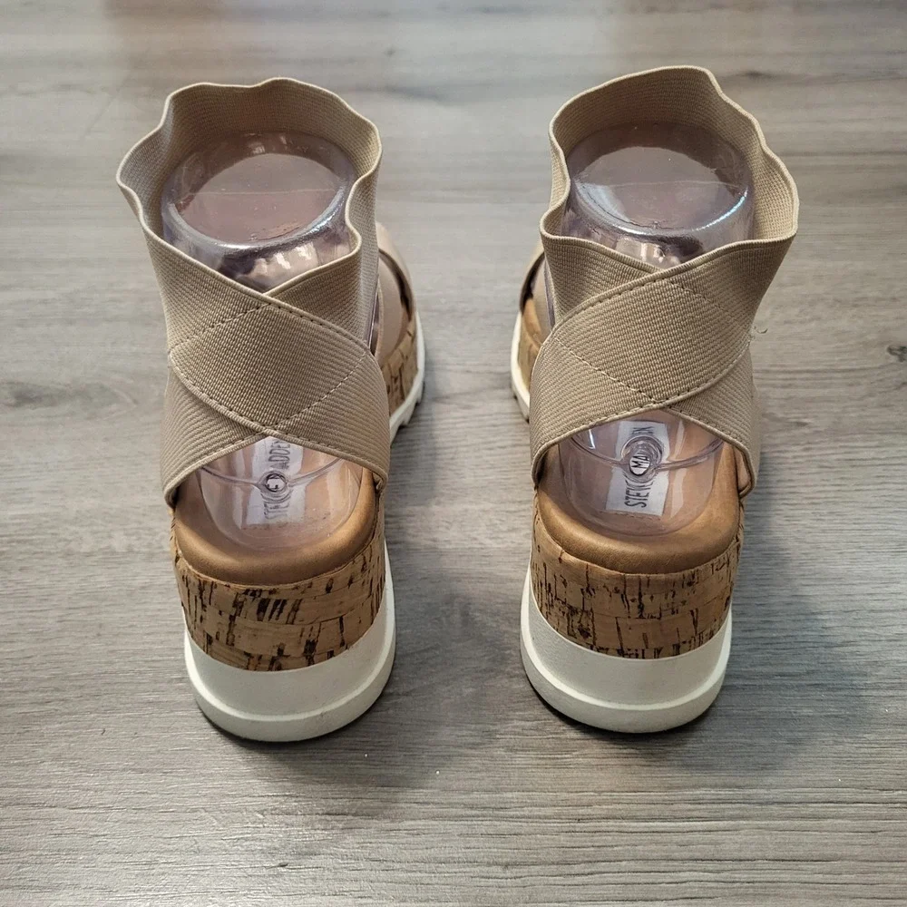 Steve Madden Bandi Tan Elastic Platform Cork Wedge Sandals Women's 6.5 Neutral